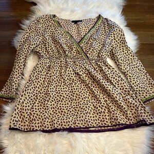Boden Purple Leaf-Print Wrap Tunic with Green Trim